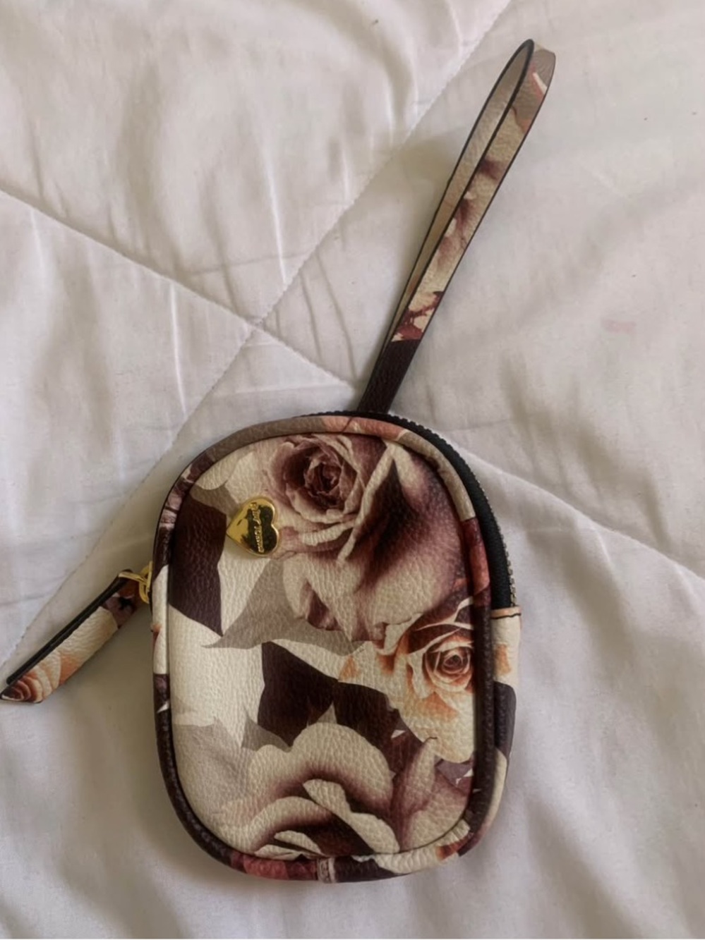 Betsey Johnson Cream and Brown Floral Wristlet Pouch